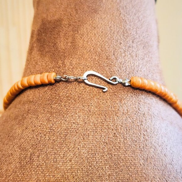 Boho Statement Necklace | Double Strand Orange Wood & Silver Beads | 27" Length - Picture 4 of 4